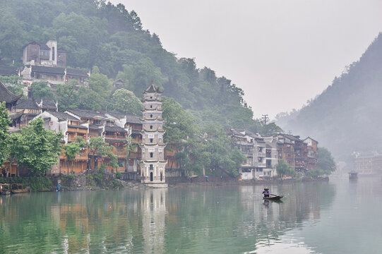 Traditional buildings on river edge, Fenghuang, Hunan, China