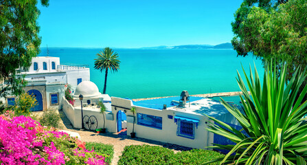 Picturesque cityscape with view of seaside in Sidi Bou Said. Tunisia, North Africa