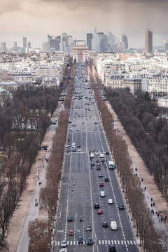 High angle cityscape of Champs Elysees, Paris, France