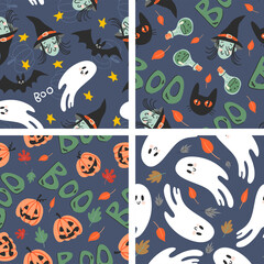 Collection of seamless halloween patterns in childish doodle style. Retro colors, funny autumn textures with ghosts, witch, black cats, spiders, bats and pumpkins