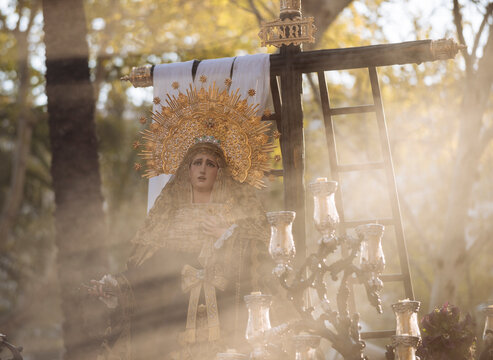 Detail of the float of La Soledad de San Buenaventura Brotherhood taking part in processions during Semana Santa (Holy Week), Seville, Andalucia, Spain