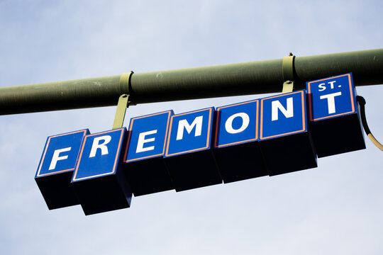 Low Angle View Of Fremont Street Sign, Downtown Las Vegas, Nevada, USA