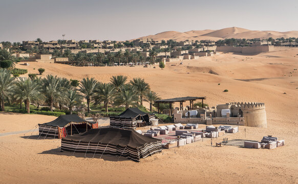 High angle view of large tents at Qsar Al Sarab desert resort, Empty Quarter Desert, Abu Dhabi, United Arab Emirate