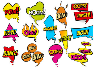 Comic colored hand drawn speech bubbles. Set retro cartoon stickers. Funny design vector items illustration. Comic text WOW, boom, bang collection sound effects in pop art style