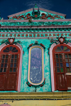Turquoise colonial facade, Malacca, Malaysia