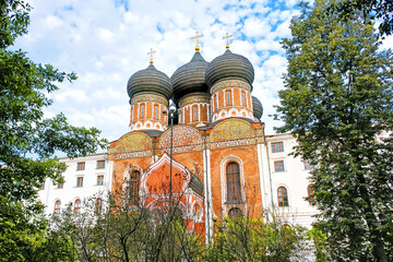 russian cathedral orthodox church landmark in Moscow Russia on evening against blue sky background. Old Pokrova cathedral in Izmaylovo. Russian ancient architecture. Autumn urban landscape Street view