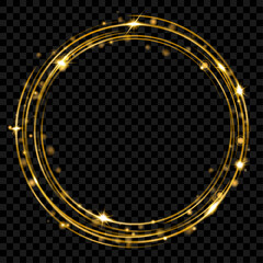 Glowing fire ring with glitter in gold colors on transparent background. Light effects. Transparency only in vector format