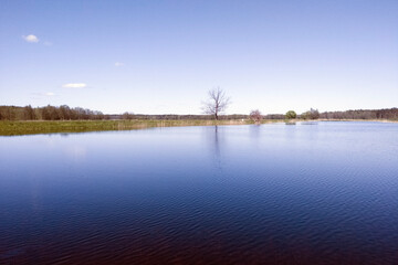 A beautiful small lake with dark water on a clear day.
