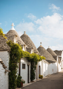 Row of whitewashed trullo houses, Alberobello, Puglia, Italy