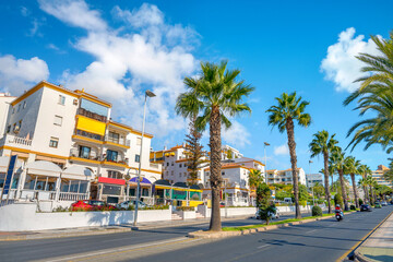 Scenic view of coastal houses and road in Benalmadena resort town. Andalusia, Spain