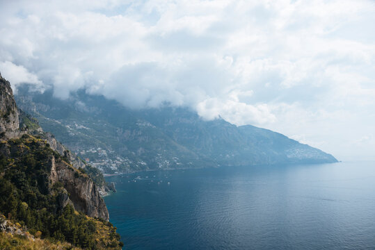 Elevated landscape view of low cloud over coastal mountains, Ravello, Campania, Italy