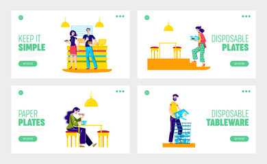Set of people eating from paper tableware in fast food restaurants. Template landing pages