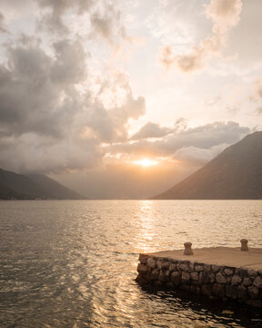 Bay of Kotor and pier at sunset, Dobrota, Montenegro