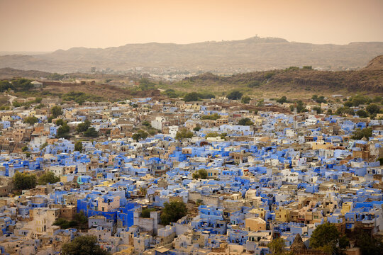 Elevated cityscape with blue painted buildings, Jodhpur, Rajasthan, India