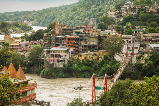 Suspension bridge across river, Rishikesh, Uttarakhand, India