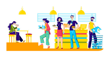 People eating in fast food restaurant. Lunch in fastfood cafe with clients holding food on trays