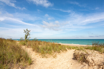 Pathway to Kemil Beach on a beautiful late summer morning.  Indiana Dunes National Park, Indiana, USA