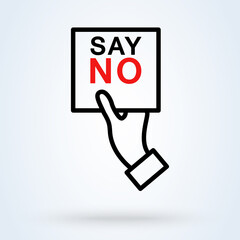 Human hand with banner Say No icon or logo line art style. Outline Say no concept. Hand saying no thanks illustration.