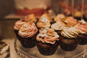 Table with food for the holiday. Cuisine. Culinary Buffet. Dinner Catering. Dining Food. Celebration Party. Concept wedding birthday. Sweet pastries desserts