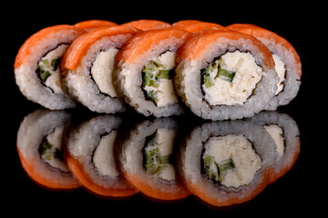 Fresh sushi rolls prepared from the best varieties of fish and seafood