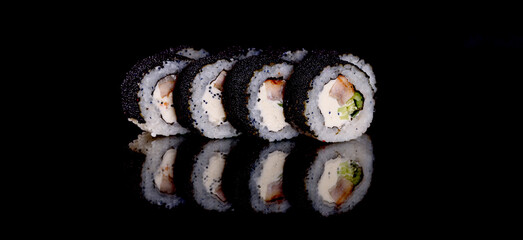 Fresh sushi rolls prepared from the best varieties of fish and seafood