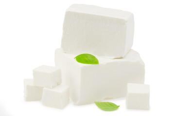 feta cheese with basil isolated on white background. Clipping path and full depth of field