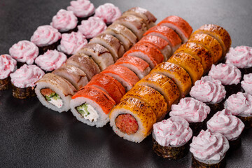 Fresh sushi rolls prepared from the best varieties of fish and seafood