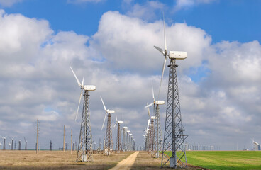 Fototapeta na wymiar Windmills for electric power production. Township Mirny. Republic of Crimea.