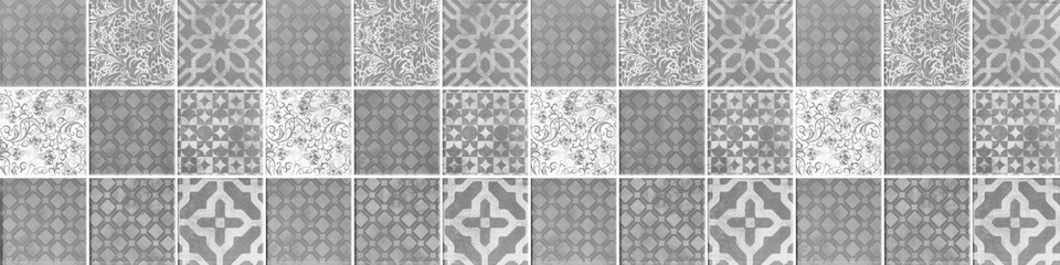 Seamless white gray grey vintage retro geometric square mosaic motif cement concrete stone tiles texture wide background banner panorama