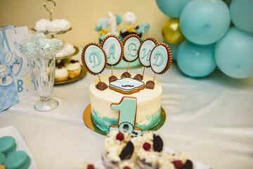 Table with food for the holiday. Cuisine. Culinary Buffet. Dinner Catering. Dining Food. Celebration Party. Concept wedding birthday. Sweet pastries desserts