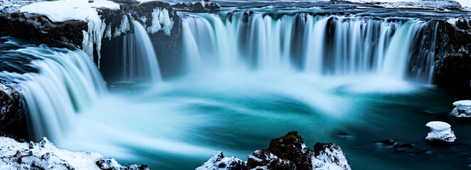 Dramatic panorama of Godafoss waterfall in Iceland in winter