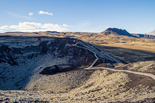 Stairs around the Grabrok crater in Iceland.