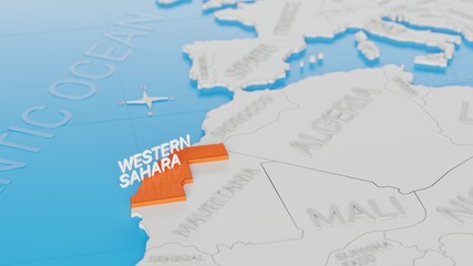 Western Sahara highlighted on a white simplified 3D world map. Digital 3D render.