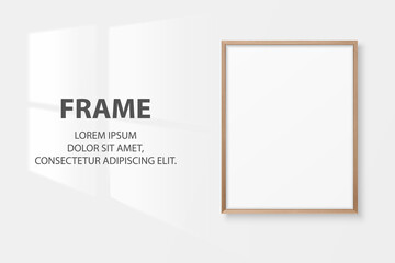 Vector 3d Realistic A4 Brown Wooden Simple Modern Frame on a White Wall Background. It can be used for presentations. Design Template for Mockup, Front View