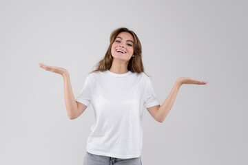 Closeup of puzzled unhappy woman isolated on white background showing negative emotions, looking...