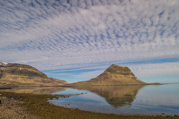 Cloudy sky over the Kirkjufell mountain, in West Iceland.