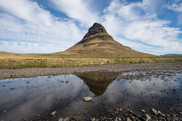 Reflection of Kirkjufell mountain in West Iceland.