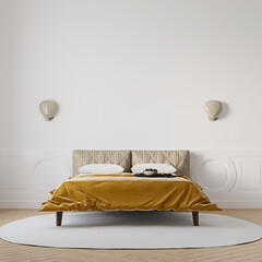 Brightly lit bedroom with vibrant gold color bedspread, mock-up with negative space, 3d render, 3d illustration