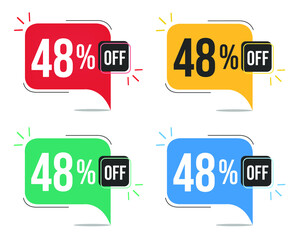 48% off. Red, yellow, green and blue tags with forty-eight percent discount. Banner with four colorful balloons with special offers vector.