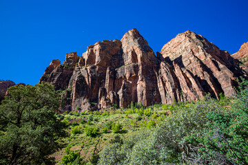 High dramatic mountain structures seen on each side o Mt. Carmel highway in Zion