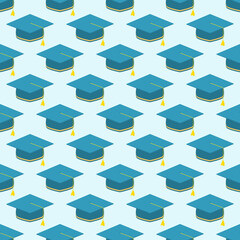 Seamless background of graduation caps over blue sky.Vector repeat geometric illustration. Flat style.