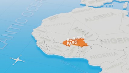 Burkina Faso highlighted on a white simplified 3D world map. Digital 3D render.