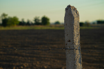 Concrete pillar on a farm fence