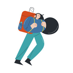 Woman with backpack hiking and climbing hills outdoors