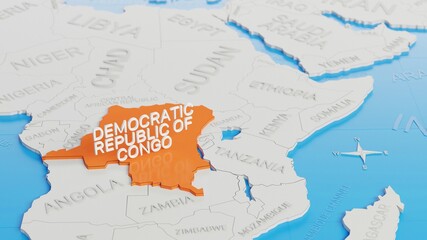 Obraz premium Democratic Republic of Congo highlighted on a white simplified 3D world map. Digital 3D render.