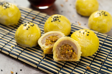 Shanghai yam paste with pork floss mooncake for Chinese Mid Autumn Festival celebration