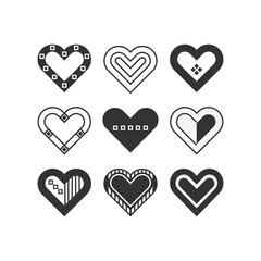 Trendy black silhouette cute assorted isolated childlike hearts icons set frame