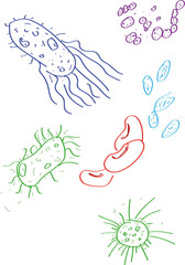 Set of colorful bacterias, erythrocytes and virus