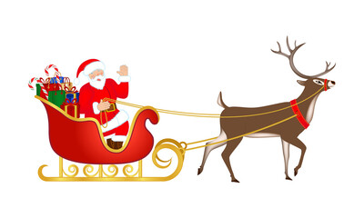 Santa Claus riding a sleigh full of gifts for Christmas, pulled by reindeer, 3d vector illustration