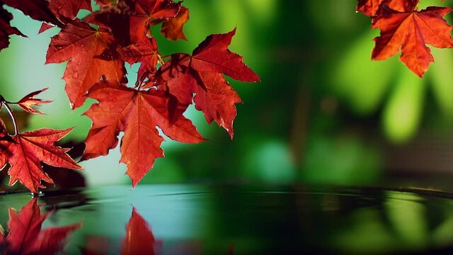 close up of red autumn maple leaves over water on green background. Rain drops fall into the water. reflection of a branch a lake in nature. spray slow motion. relaxation peace and quiet. Meditation